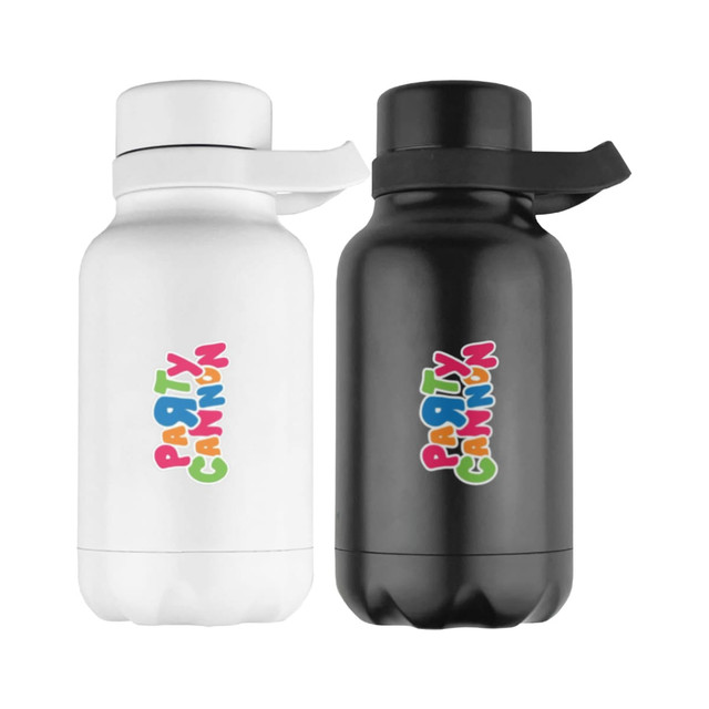A drink bottle set featuring a white and a black vacuum-sealed design, each with a logo. Both are 380ml.