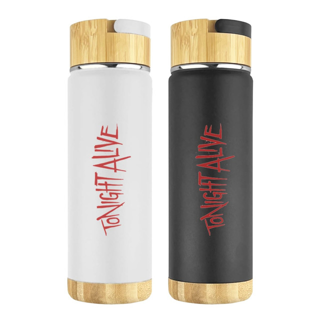 A drink bottle featuring a bamboo top, available in white and black with a logo printed on the body.