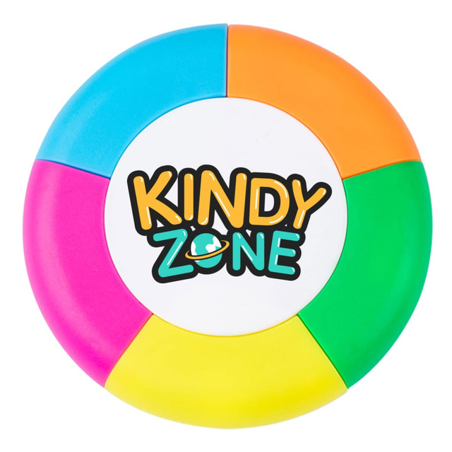 A circular highlighter with sections in pink, orange, yellow, and green, featuring a central logo.