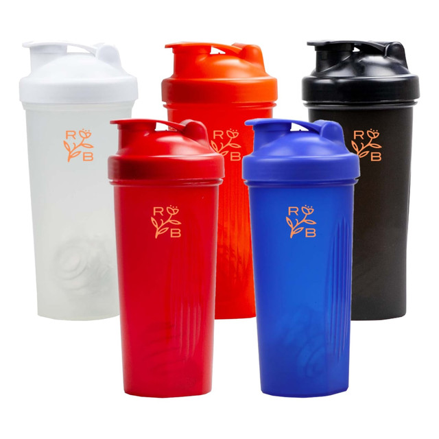 A drink bottle set featuring five protein shakers in white, red, orange, black, and blue, each with a logo.