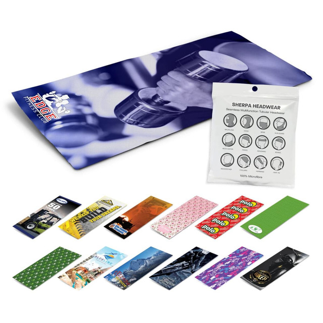 A collection of patterned headwear, including various designs and a package featuring Sherpa Headwear branding.