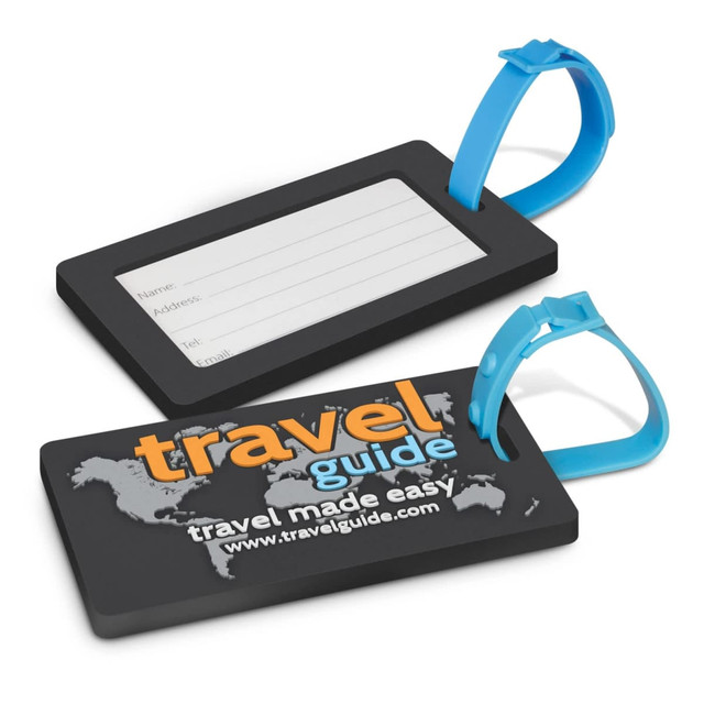 A PVC luggage tag in black and blue, featuring a world map design and a space for personal details.