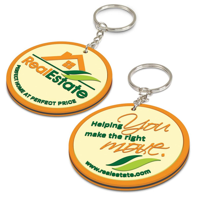 A PVC key ring with a round design, featuring yellow and orange colours and having logos on both sides. A PVC key ring with a round design, featuring yellow and orange colours and having logos on both sides.