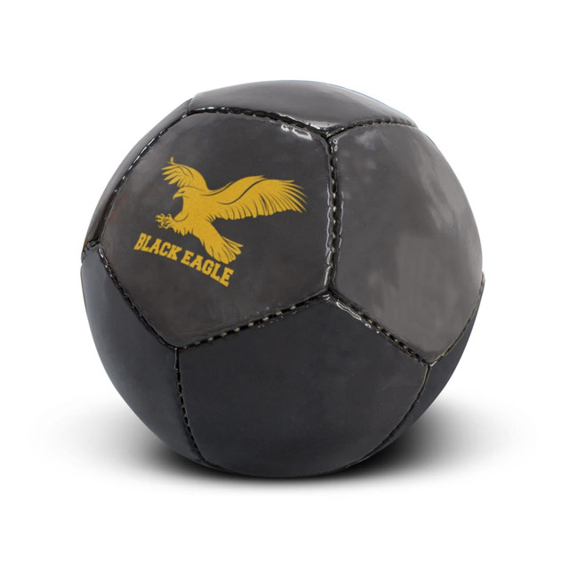 A black mini soccer ball with a logo featuring a golden eagle.