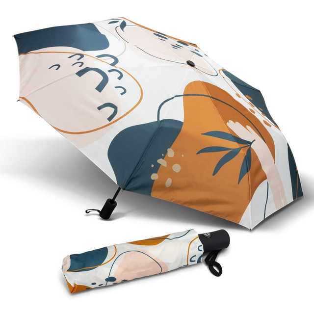 A compact umbrella featuring a vibrant design with orange, navy, and cream colours, alongside a matching sleeve and logo.