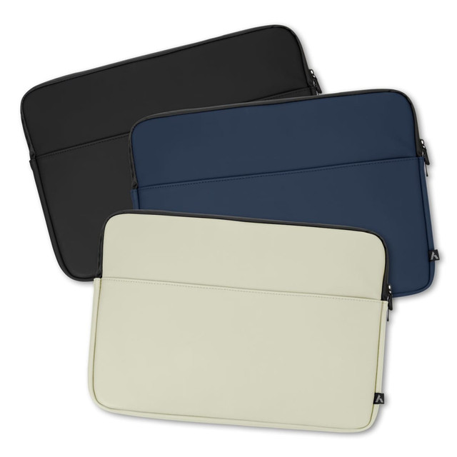 A soft-touch laptop sleeve available in black, navy, and cream colours, featuring a sleek design and a branding logo.