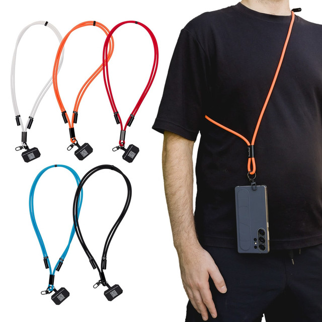 A collection of colorful phone lanyards in orange, red, blue, black, and clear, displayed with a phone attached.
