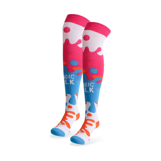 Knee high custom pattern socks in pink, blue, and orange with a playful design and a logo.