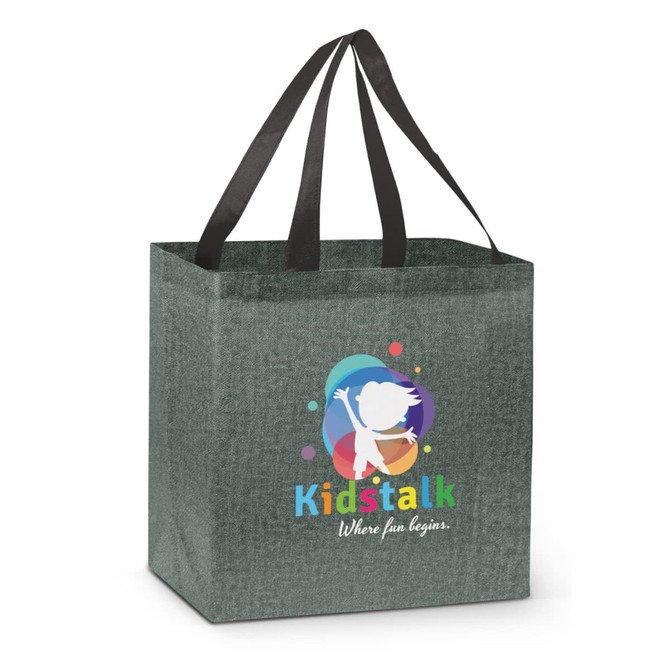 A grey tote bag with black handles featuring a playful character and colourful design. It has a logo on the front.