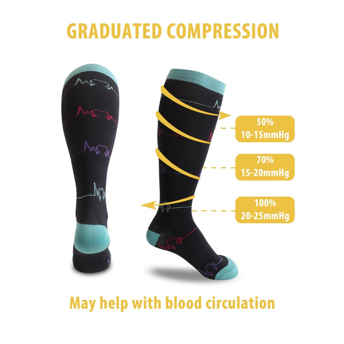 A pair of black plus size compression socks with multicoloured designs and a teal cuff, featuring graduated compression markings.