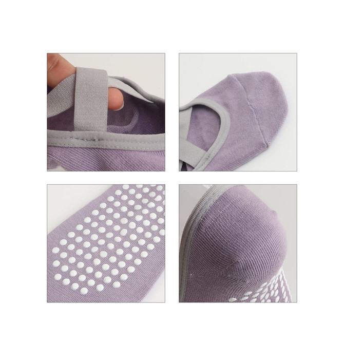 A pair of lavender yoga socks featuring a textured sole and elastic straps for a secure fit. The socks have a logo.