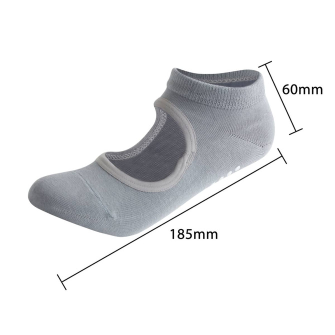 A grey open top yoga sock displayed at an angle, showing its unique design and dimensions.