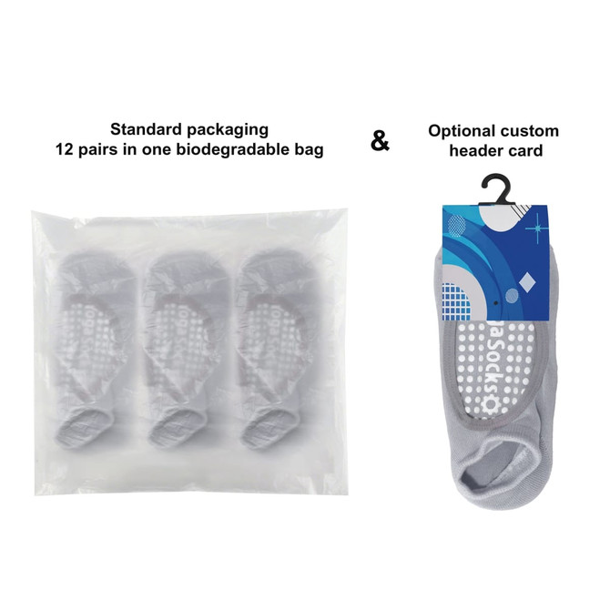 A biodegradable bag containing 12 pairs of grey open top yoga socks with a non-slip grip.