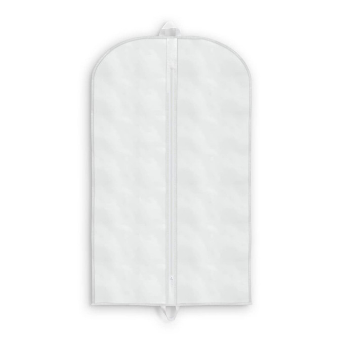 A white garment bag with a curved top and a zipper closure, featuring a handle for easy carrying.