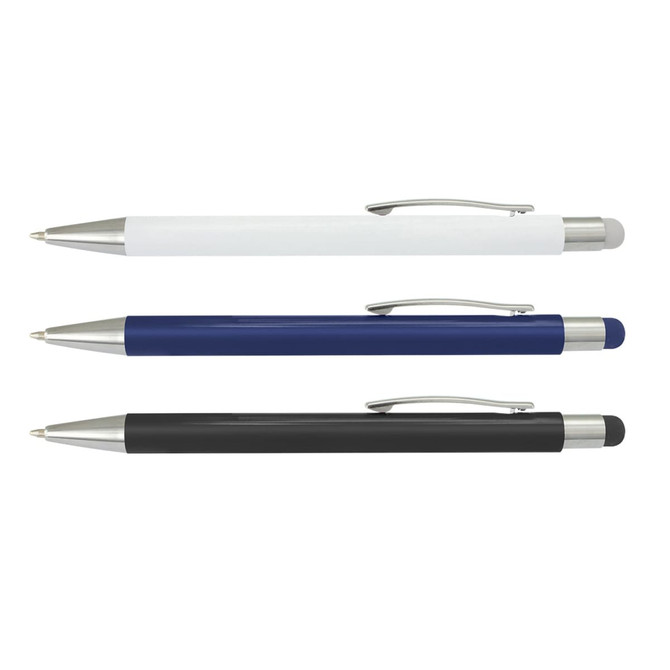 A set of three stylus pens in white, blue, and black, featuring silver accents and a logo.