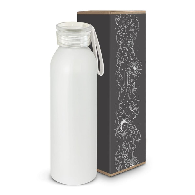 A drink bottle in white with a clear lid and a carrying strap, presented in an illustrated black box.