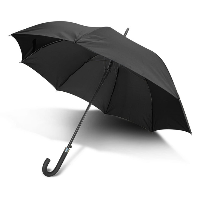 A black umbrella with a curved handle and a sturdy canopy. It features a logo on the handle.