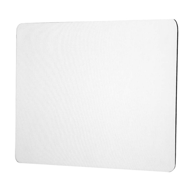 A rectangular mouse pad in white with a smooth surface and a black edge. It features a logo on one side.