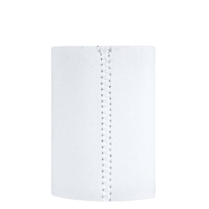 A white neoprene stubby holder featuring a seam, suitable for holding drink bottles.
