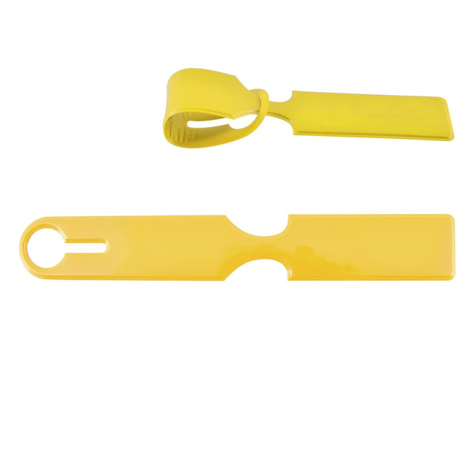 A yellow Naples luggage tag set features a flat tag and a matching loop for attachment.