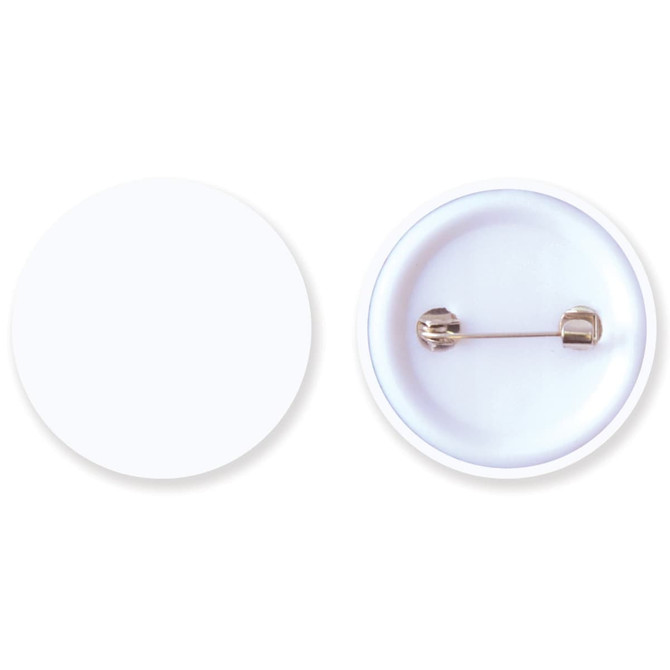 A 32mm button badge with a plain white front and a silver pin backing for attachment.