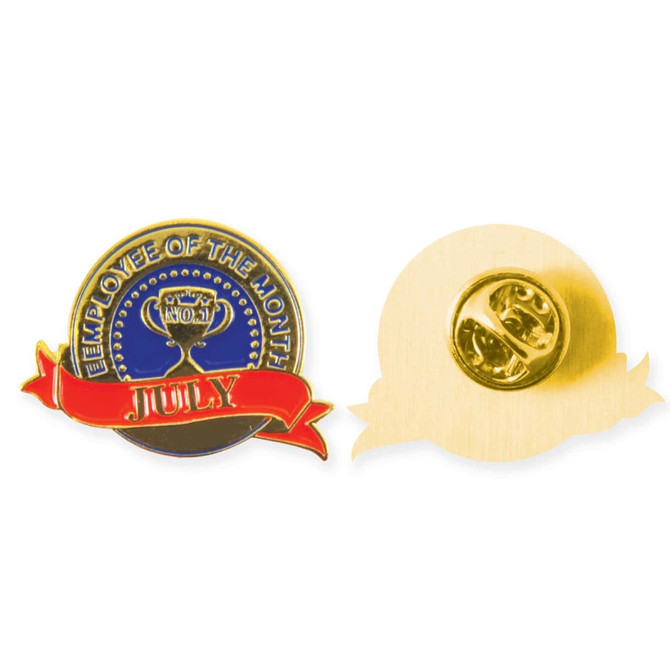 A die struck soft enamel badge featuring blue and red elements, with a gold-colored backing and a logo.
