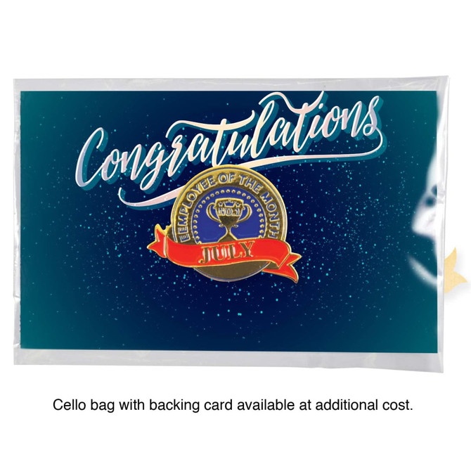 A die struck soft enamel badge in gold, placed on a decorative blue background with a "Congratulations" design.