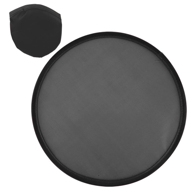 A round black promotional product with a smaller, matching black cover. The design features a simple, sleek appearance.