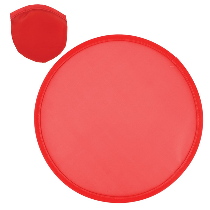 A red, circular flying disc is displayed alongside a smaller, folded version of the same disc in the image.