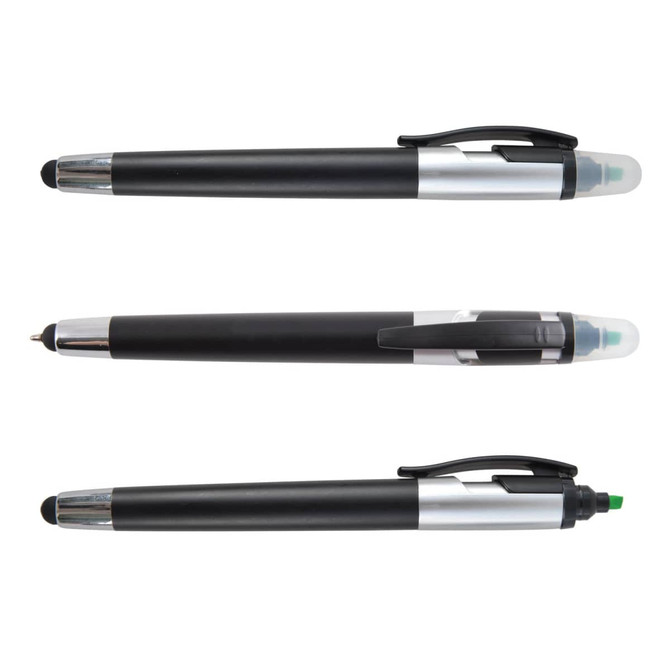 A set of three Trident Pen / Stylus Highlighters in black and silver, featuring different tips for writing and highlighting.