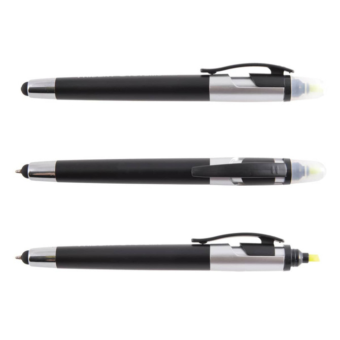 A black stylus pen with a highlighter tip, featuring a silver clip and accents, displayed in three positions.