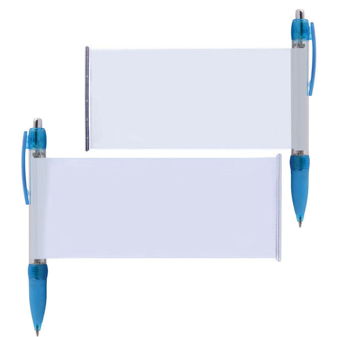 A set of plastic banner pens featuring a clear banner area for custom messages, with blue accents and a retractable tip.