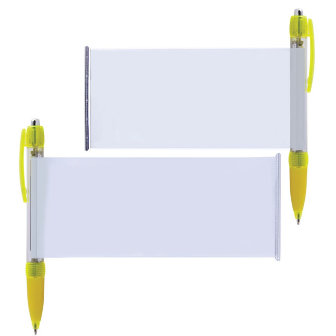 A set of plastic pens with transparent banners, featuring bright yellow accents and a sleek design.
