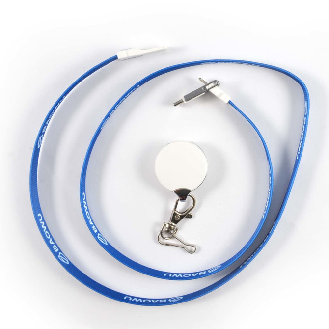 A blue lanyard cable with a retractable clip and connectors for charging devices, featuring a logo branding.