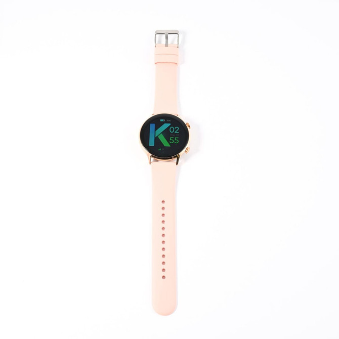 A smart watch with a round face, featuring a black display and rose gold accents, mounted on a light pink band.