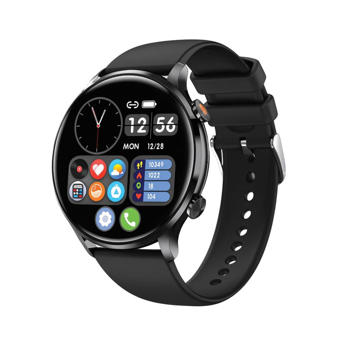 A smart watch with a round black face and a black silicone strap, featuring various digital icons and a clock display.