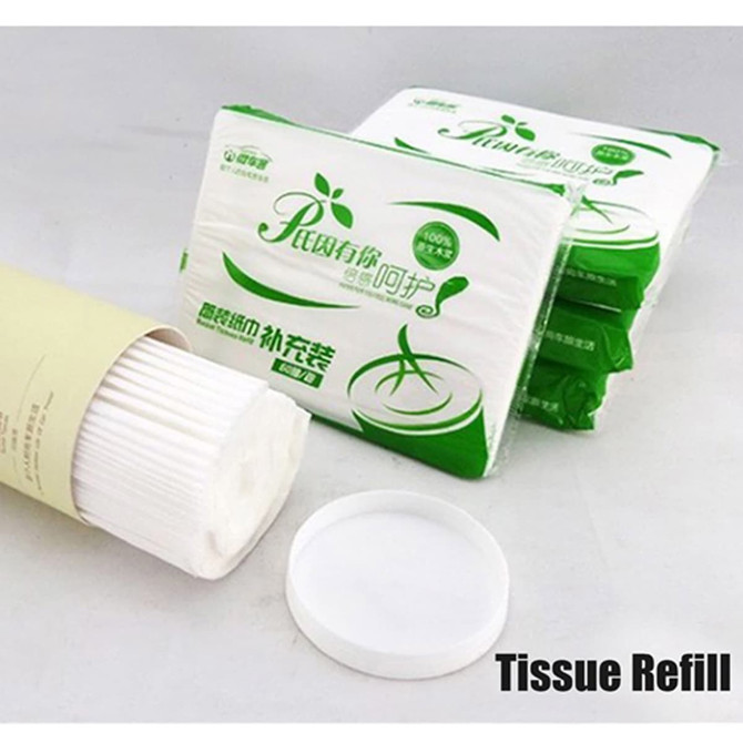 A pack of white tissue refills is displayed, featuring a simple design and multiple layers, with a container beside it.