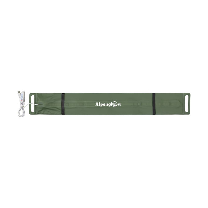 A foldable camp light in olive green with black straps and a USB charging cable. It features a logo.