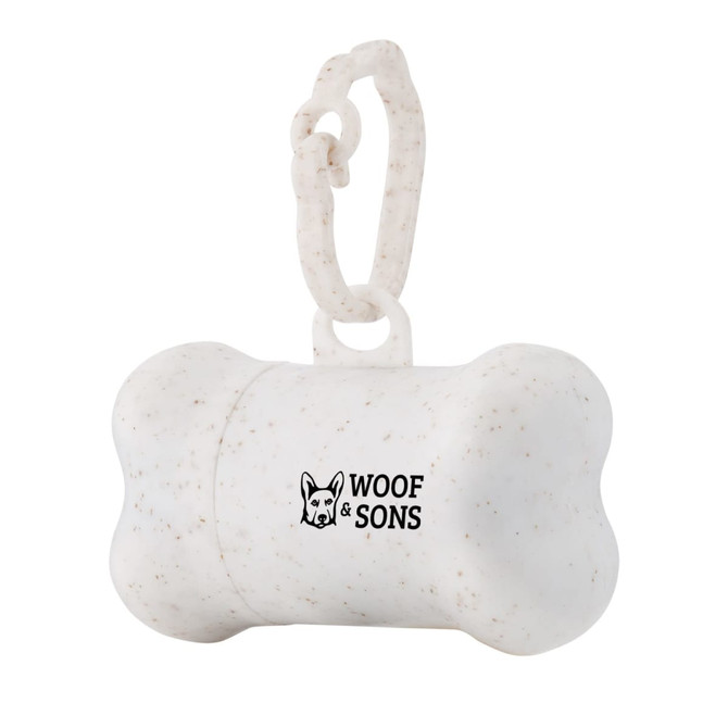 A bone-shaped, white dog waste bag dispenser with a clip and a logo. Made from eco-friendly materials.