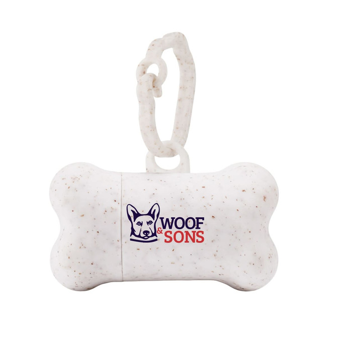 A white bone-shaped dog waste bag dispenser with a logo and a clip for attachment.