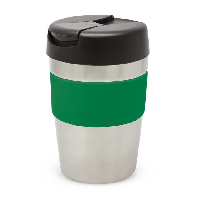 A drink bottle featuring a stainless steel body with a green silicone sleeve and a black lid.