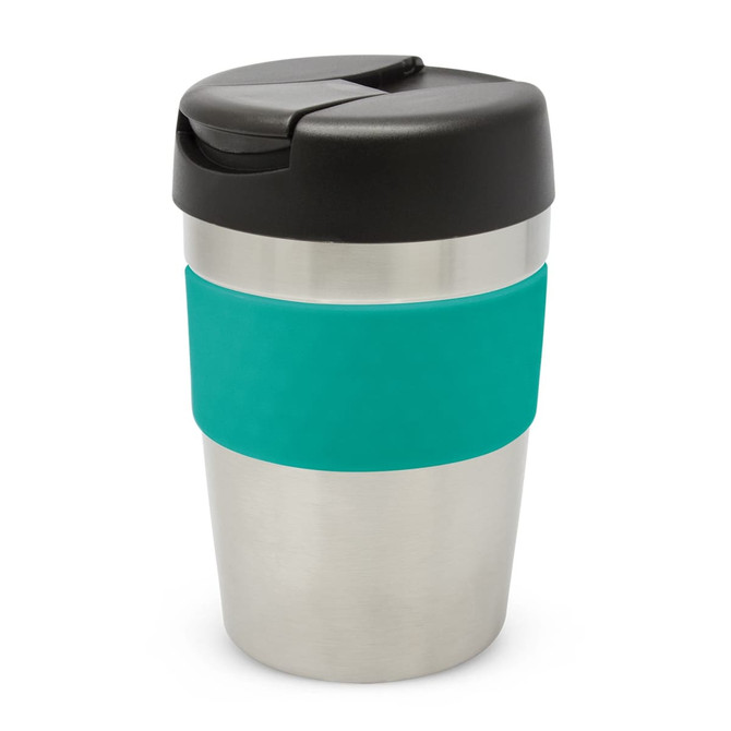 A drink bottle featuring a stainless steel body with a turquoise silicone band and a black flip-top lid.