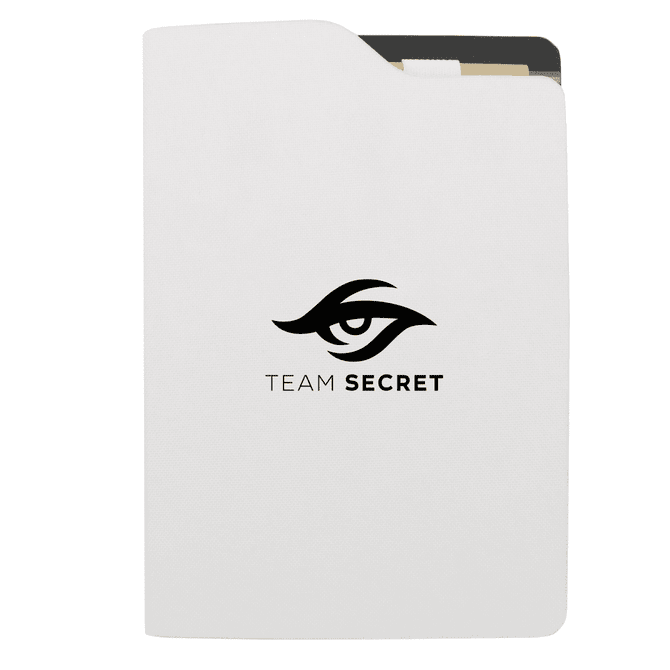 A white A5 notebook featuring a logo on the cover and a black design element.