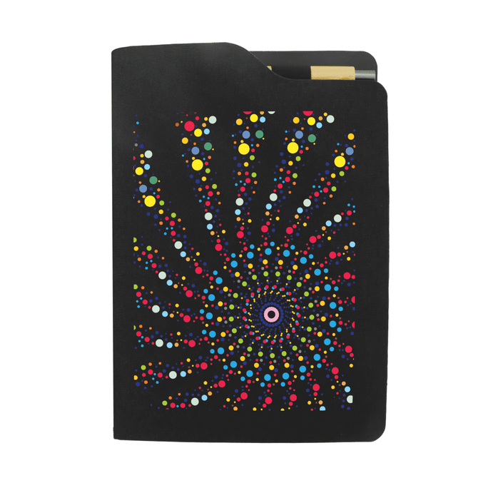 A black A5 notebook featuring a vibrant, multicoloured spiral design and a pocket on the side.