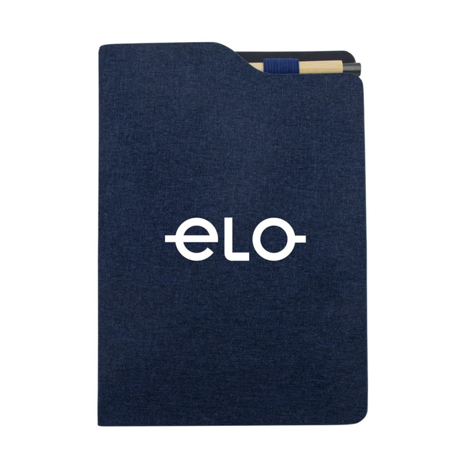 A navy blue A5 notebook with a textured cover, featuring a logo and a pen tucked into the side.