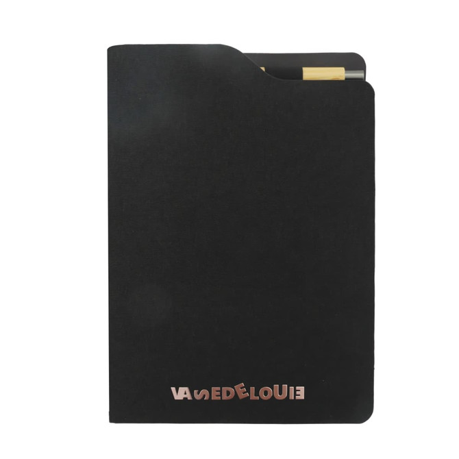 A black A5 notebook with a sleek cover and a pen tucked inside. It features a logo on the front.