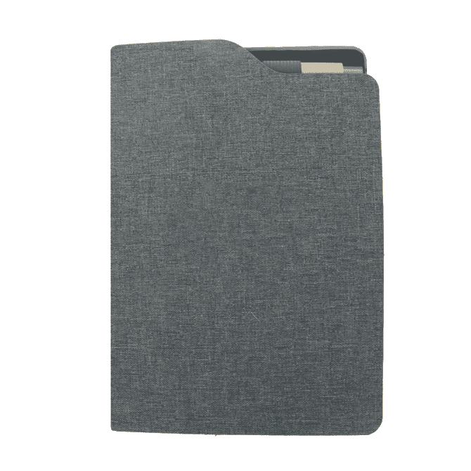 A grey A5 notebook with a textured cover, featuring a pocket and a logo on the front.