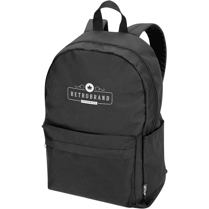 A black laptop backpack with a front pocket and branding logo displayed on the front.