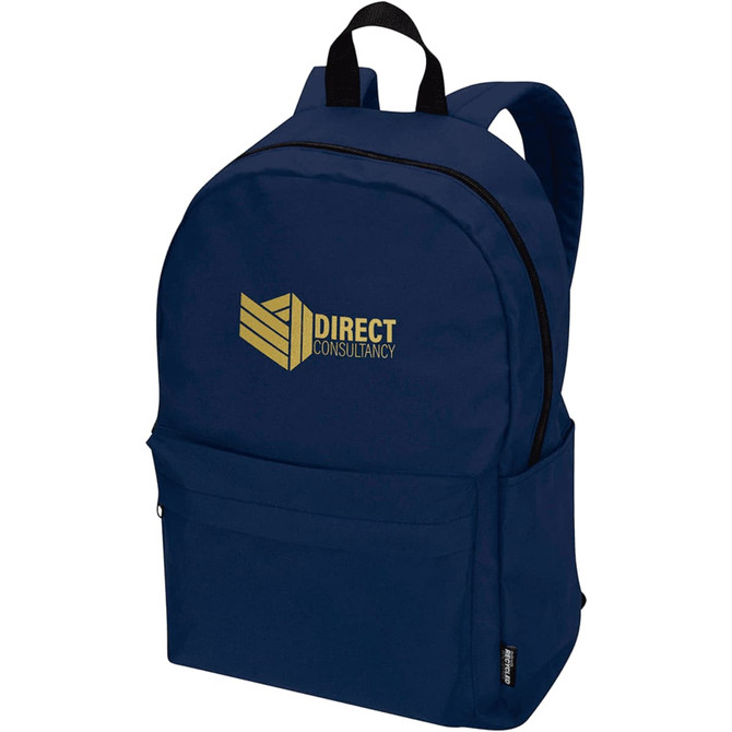 A navy blue laptop backpack with a logo, featuring a front zip pocket and adjustable straps.
