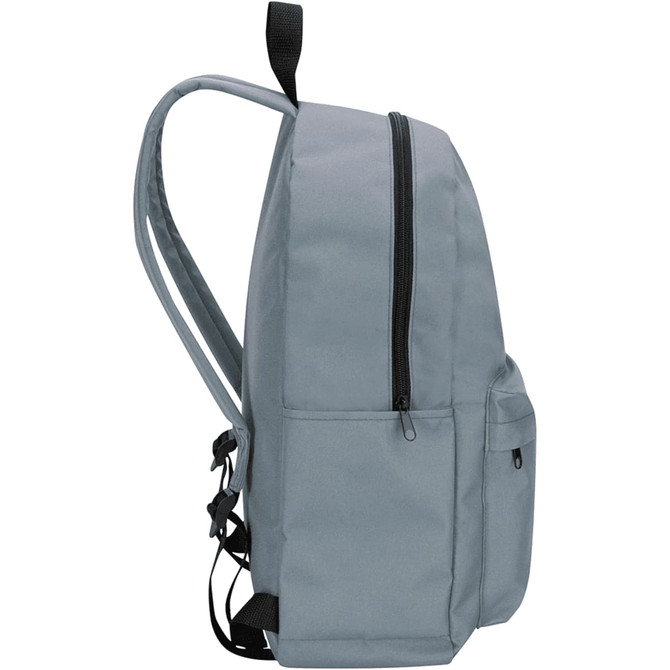 A grey laptop backpack featuring adjustable straps and side pockets. It has a main zippered compartment and a logo.